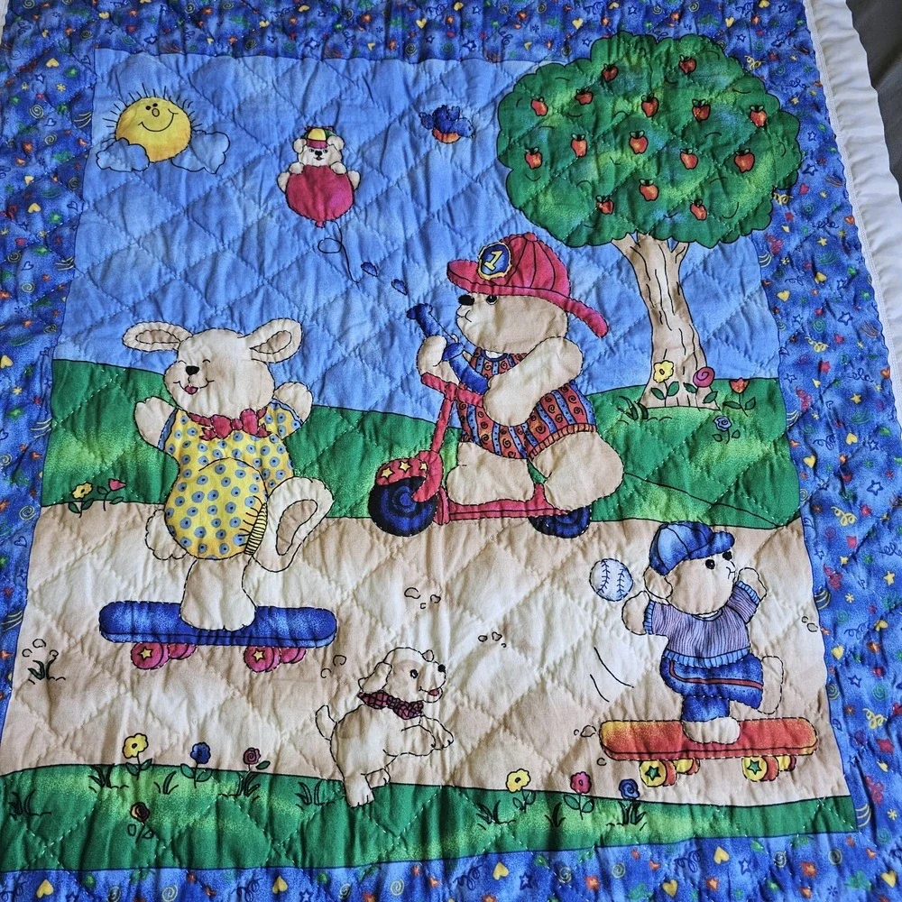 Quilted Baby Blanket Animals Skateboarding Scooter Blue Satin Trim 41X35 Blue